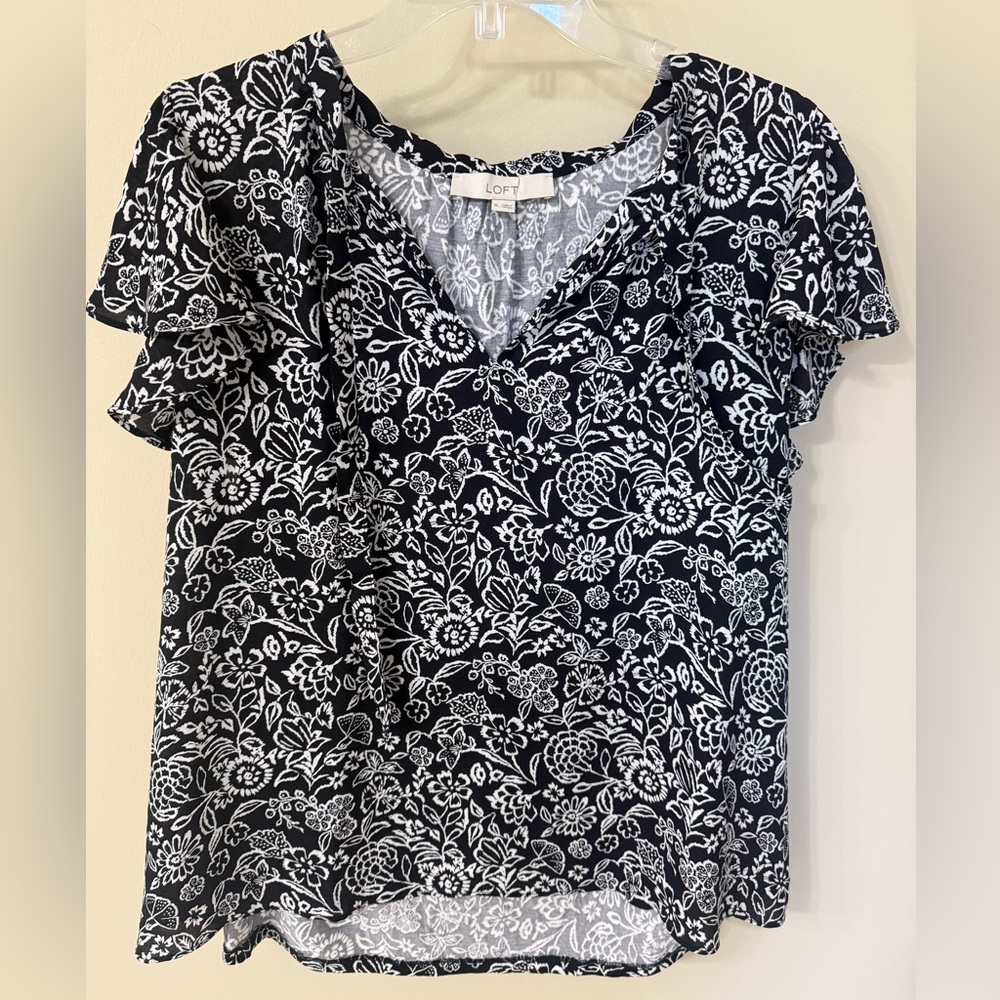 LOFT Navy and White Floral Blouse